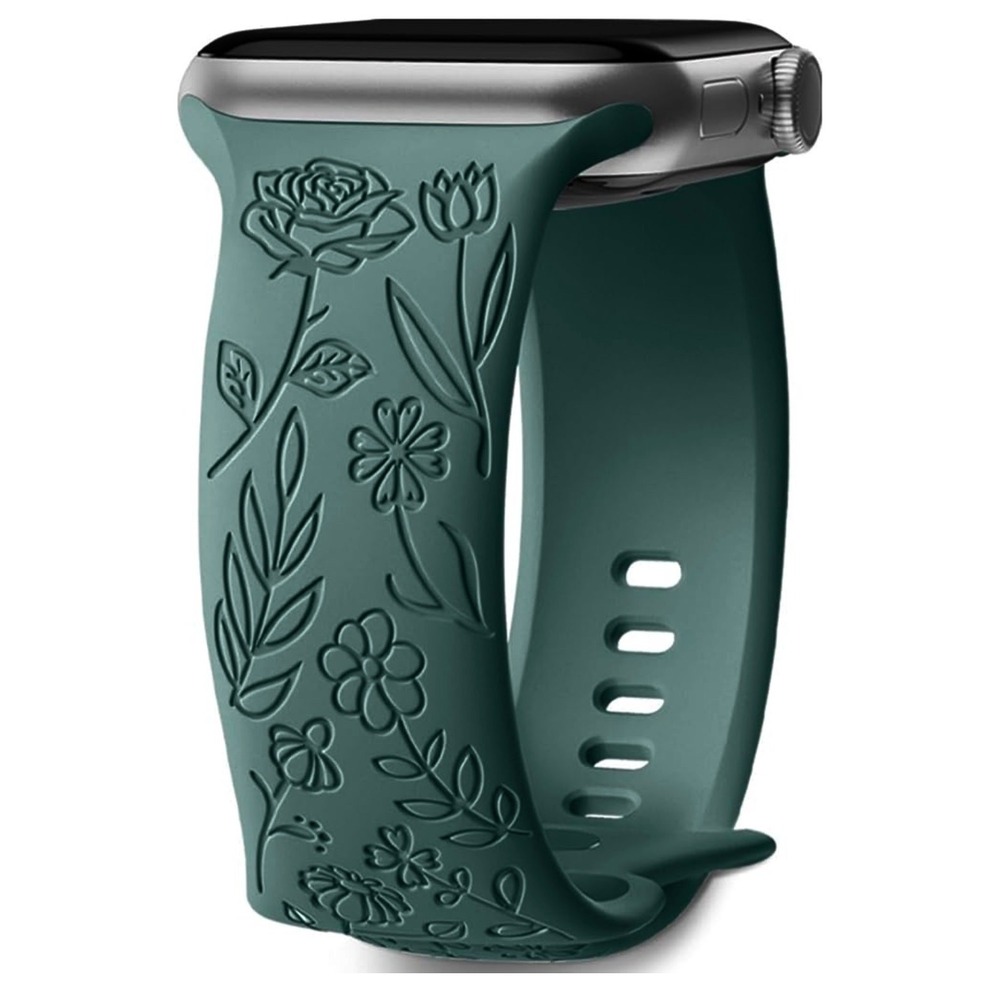 Apple iWatch Compatible Etched Green Floral Silicone Watch Band 42/44/45/49mm